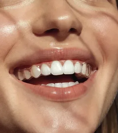 Clear Invisalign aligner held up against a bright background