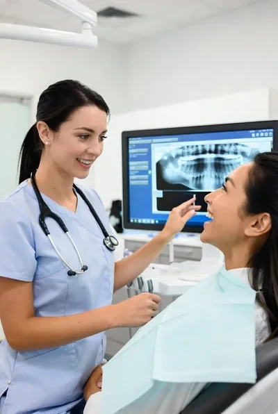 Dentist reviewing a dental x-ray with a patient